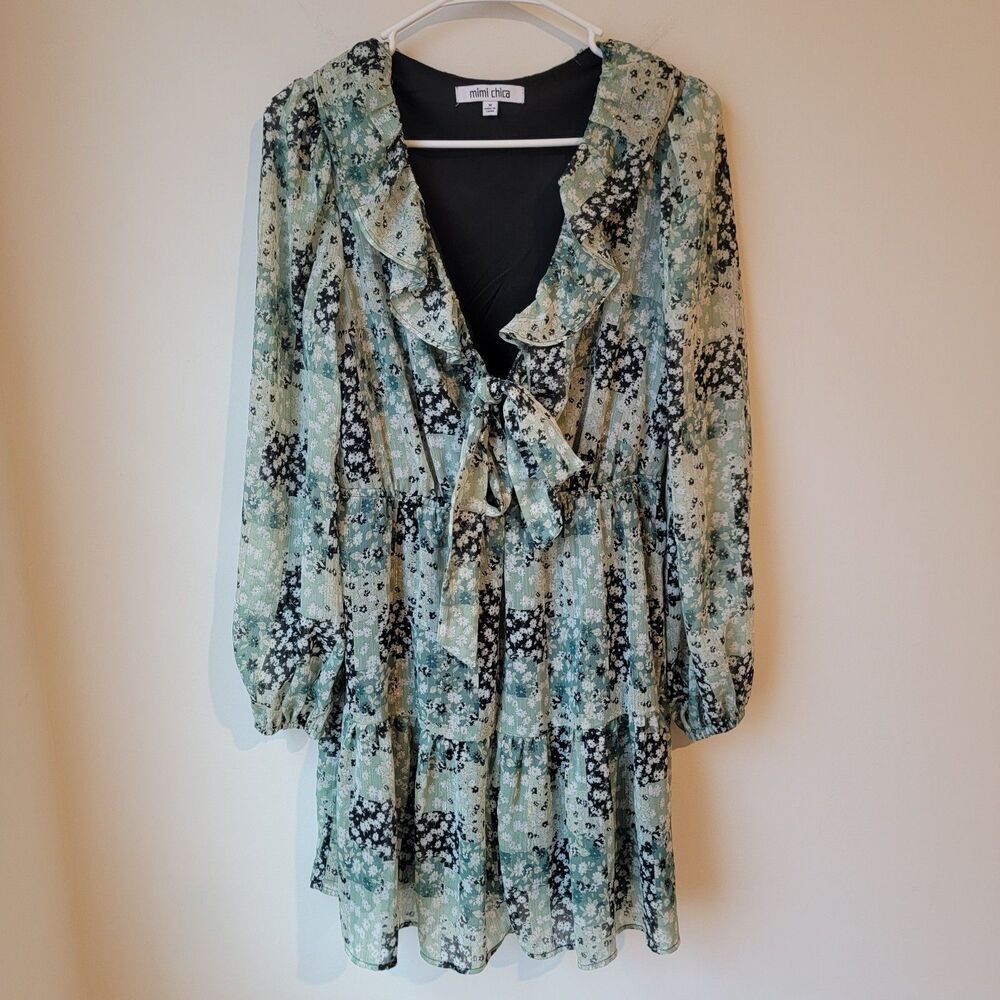 Mimi Chica Womens Dress Size Medium M Chiffon Floral Metallic Mini Boho‎ Cottage